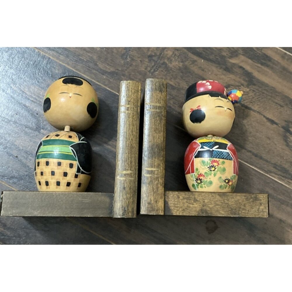 Vintage Wooden Japanese Kokeshi Bobble Head Doll Bookends Japan Hand painted - Picture 6 of 6